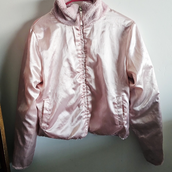 Girls Large Teddy Pale Pink Fleece Satin Reversible Jacket Some Imperfections - Picture 5 of 11